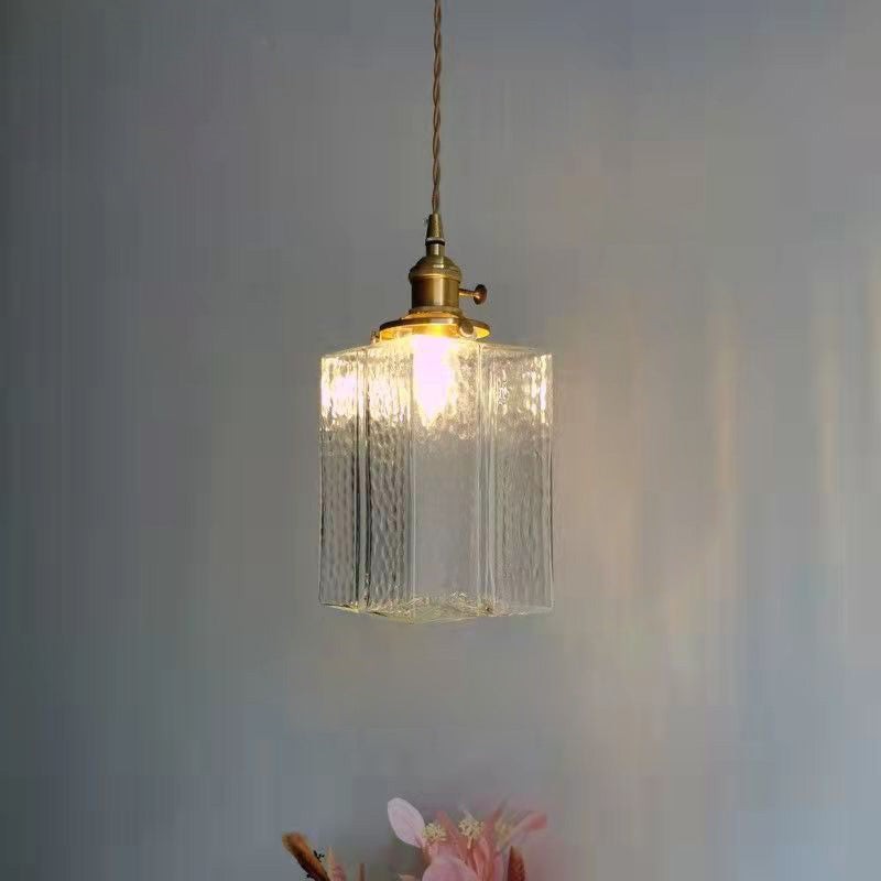 Traditional Vintage Square Rectangle Ripple Glass Iron 1-Light Pendant Light For Living Room T262