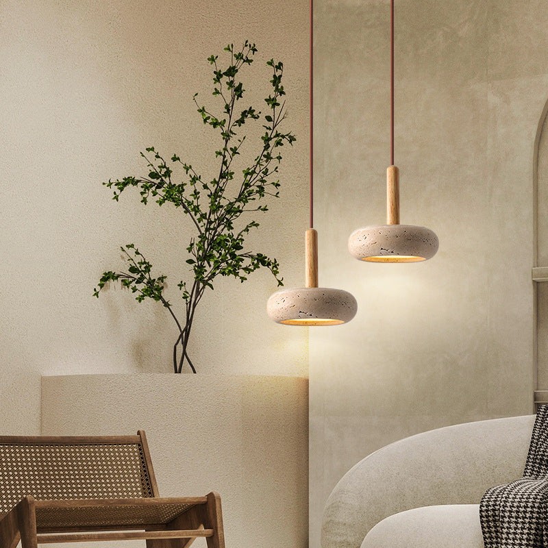 Traditional Japanese Round Wood Travertine Pendant Light G68