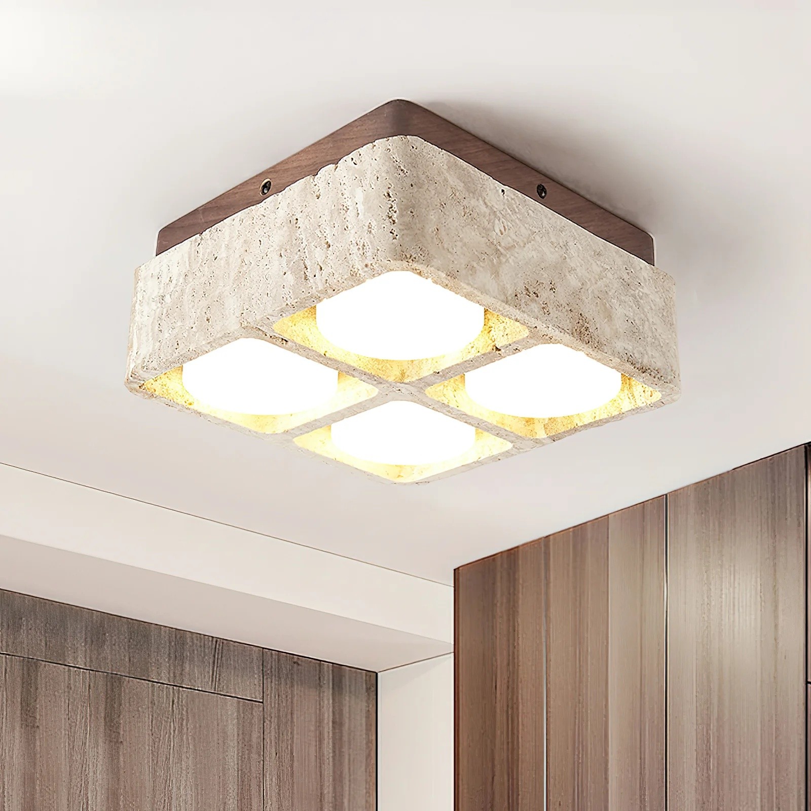 Natural Cube Design Travertine Ceiling Light With Wood Base S297