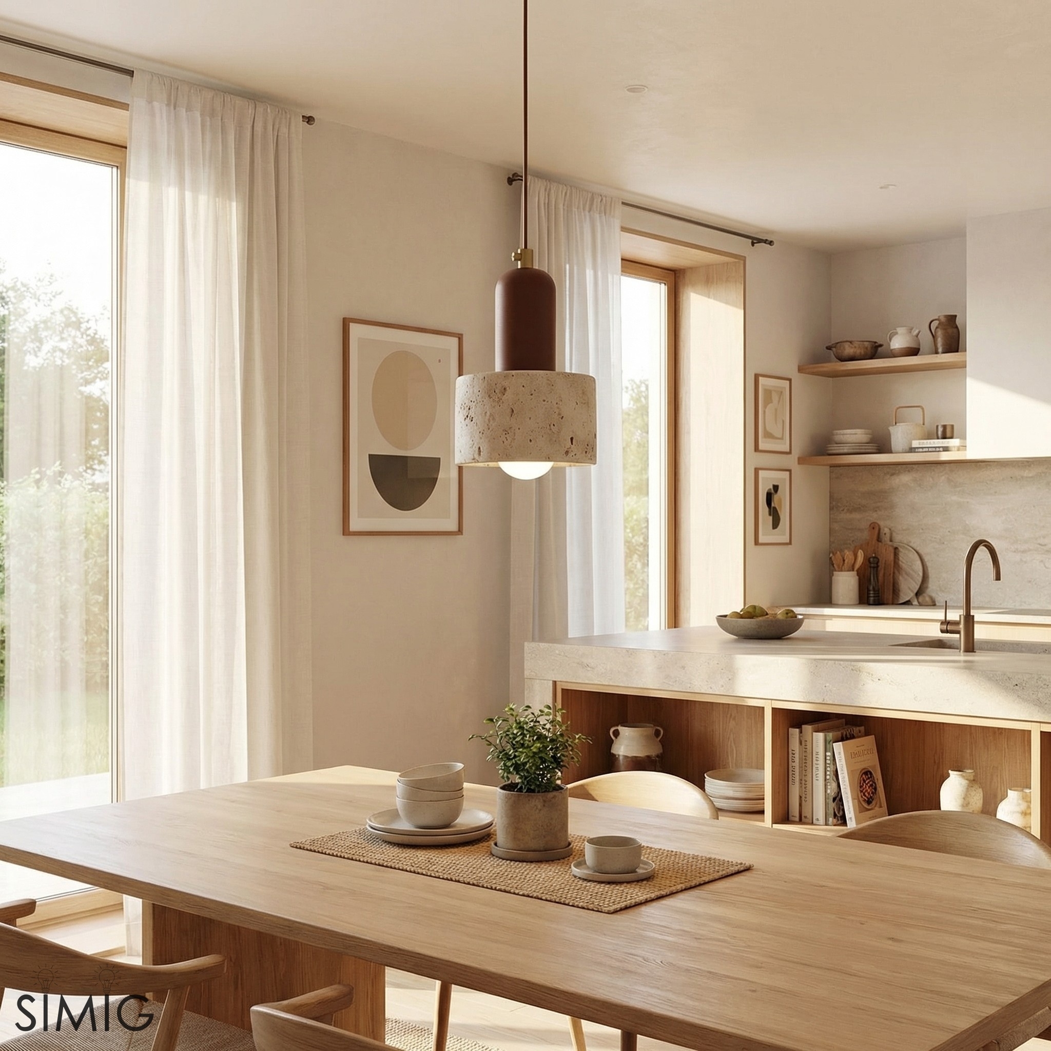Rotating Travertine and Wood Pendant Light - Japandi Dining Room Glow T1100