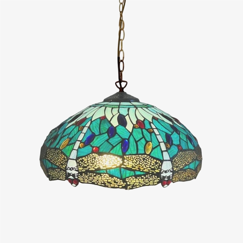TF Dragonfly Tiffany Pendant Light - Art Nouveau Stained Glass Pendant for Living T849