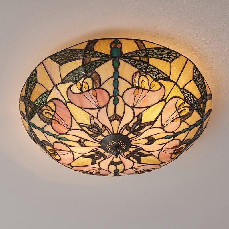TF Ashton Tiffany Dragonfly Motif Tiffany Glass Flush Surface Mount - Transitional Style for Bedrooms and Lounge Spaces T1055
