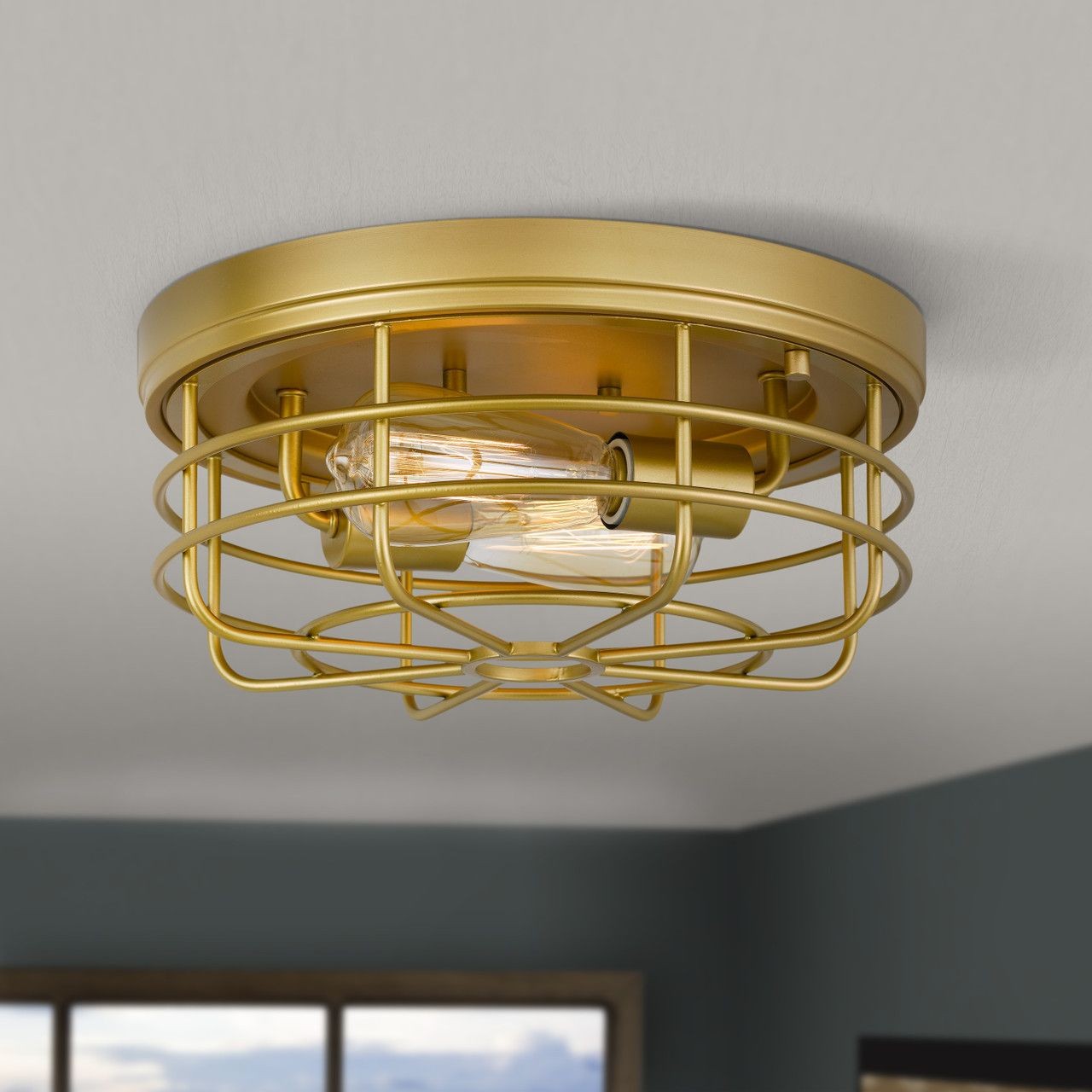 Industrial Flush Mount Metal Cage Round Ceiling Light S146