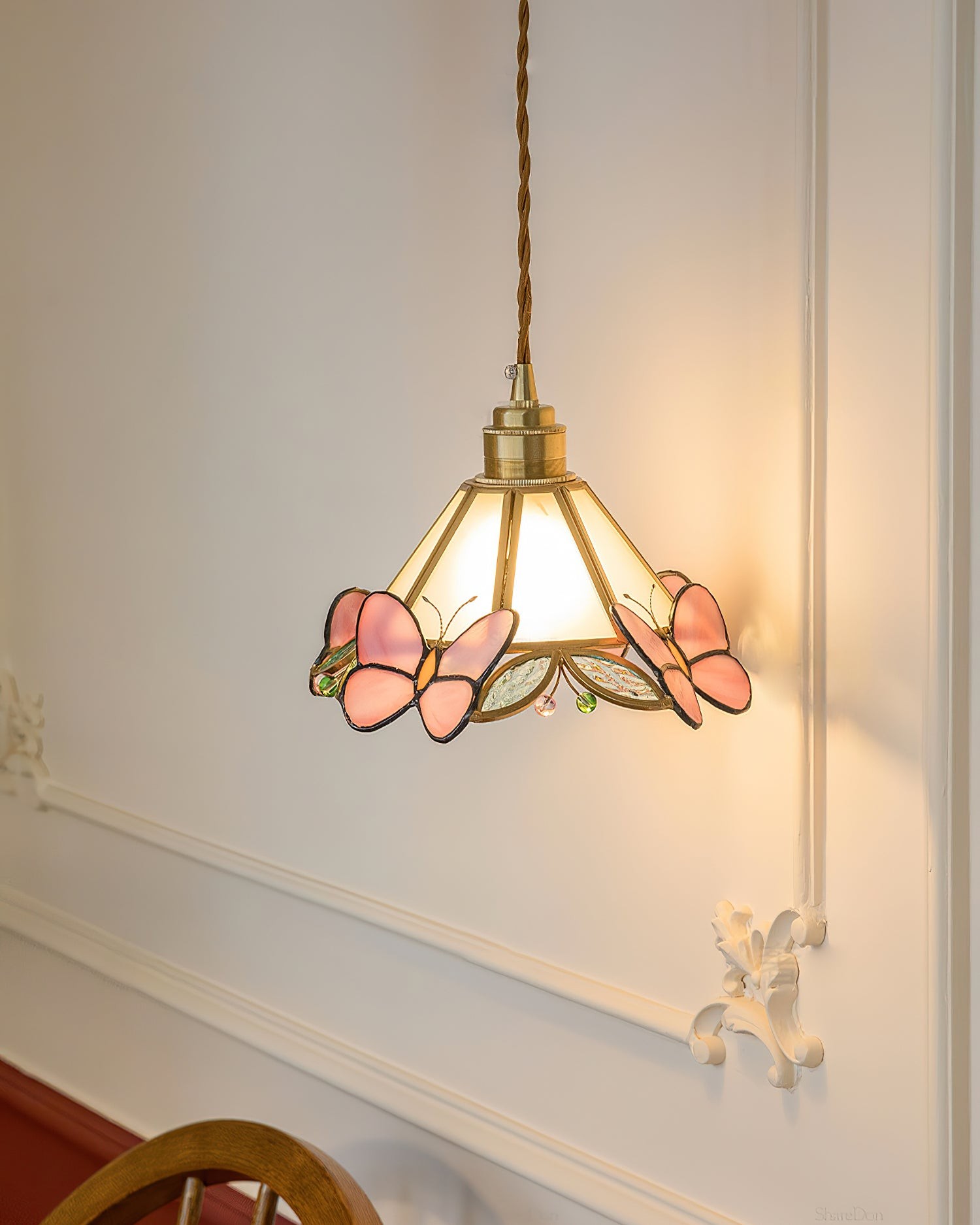 French Retro Glass Pink Butterfly Pendant Lamp M117