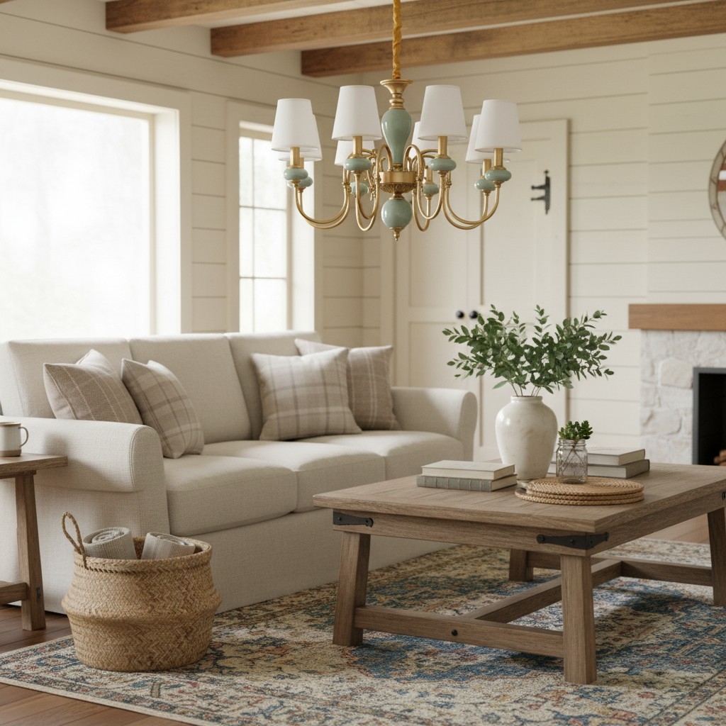 Altoris Series Branch Chandelier with Fabric Shades - Brass Ceramic Chandelier for Living Room T1141