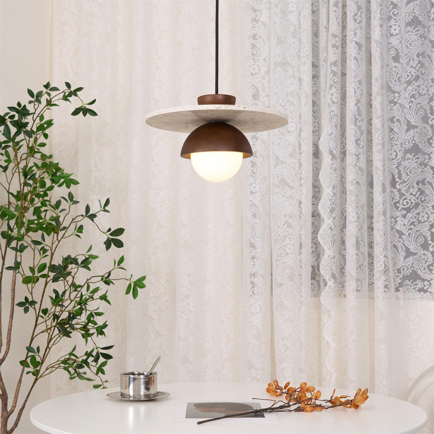 Travertine Disc Hemispherical Wooden Lampshade Chandelier P029