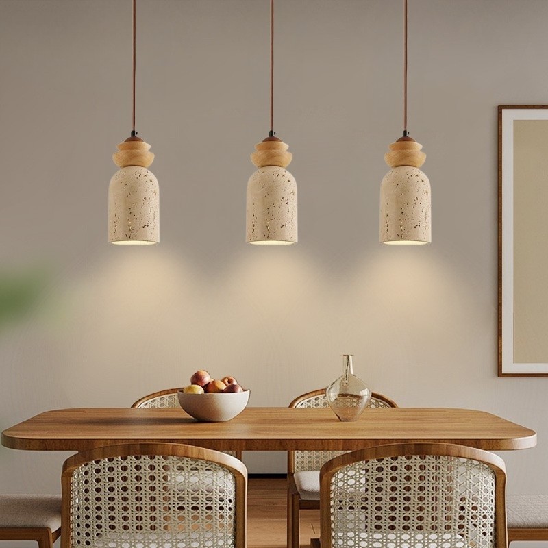 Wabi-Sabi Travertine Pendant Light with Wood for Living Room S274