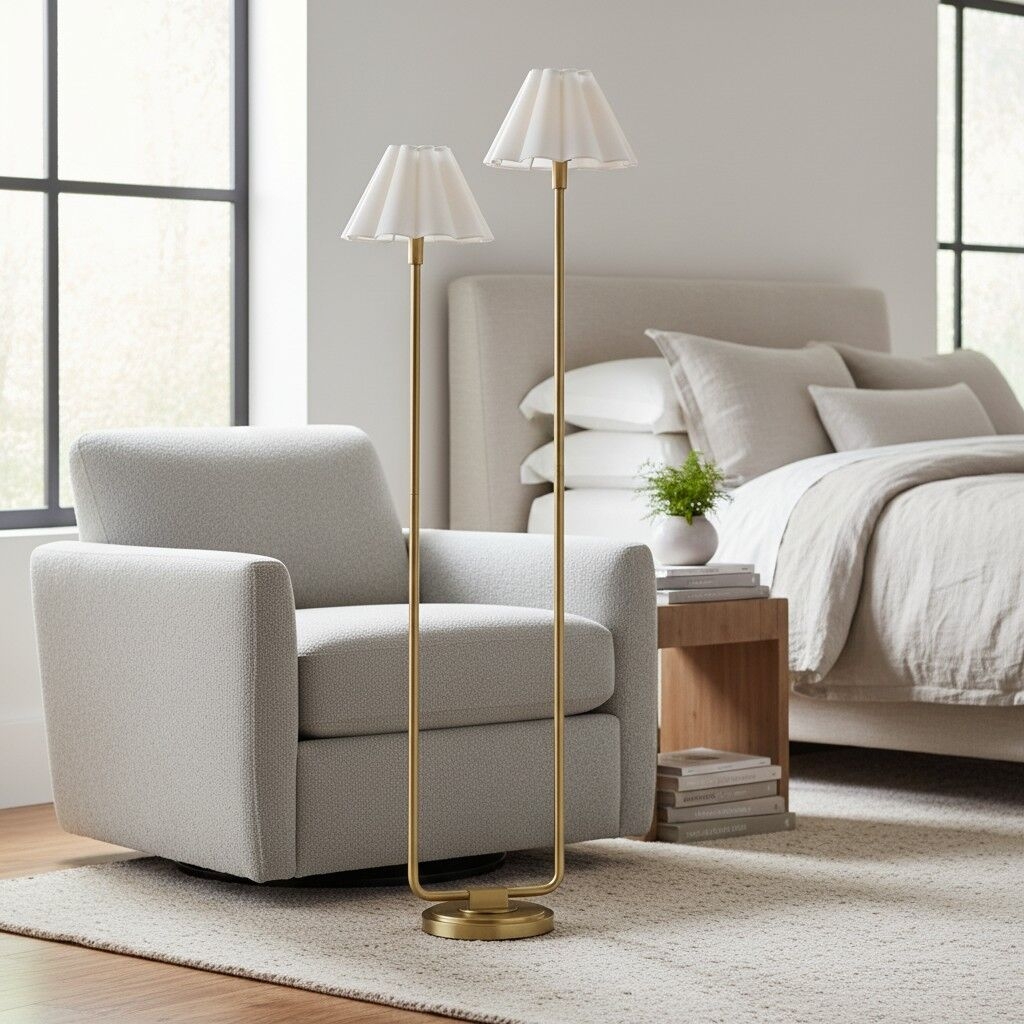 Duova Minimalist 2‑Light Floor Lamp - Modern Pleated Fabric Metal Light for Bedroom or Living Room T719