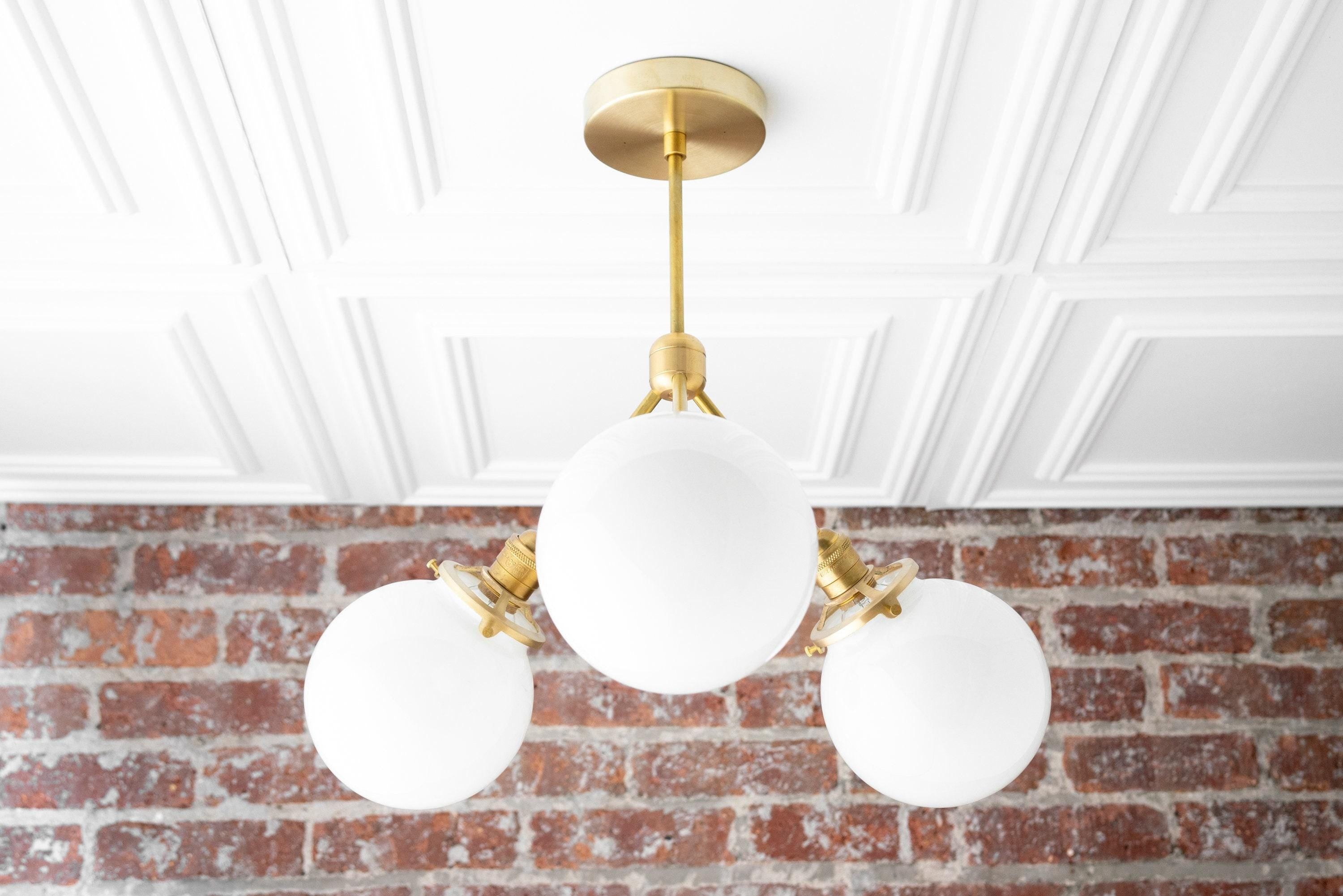 Glorica Glass Chandelier - Brass Globe Ceiling Light with Opal Shade T330