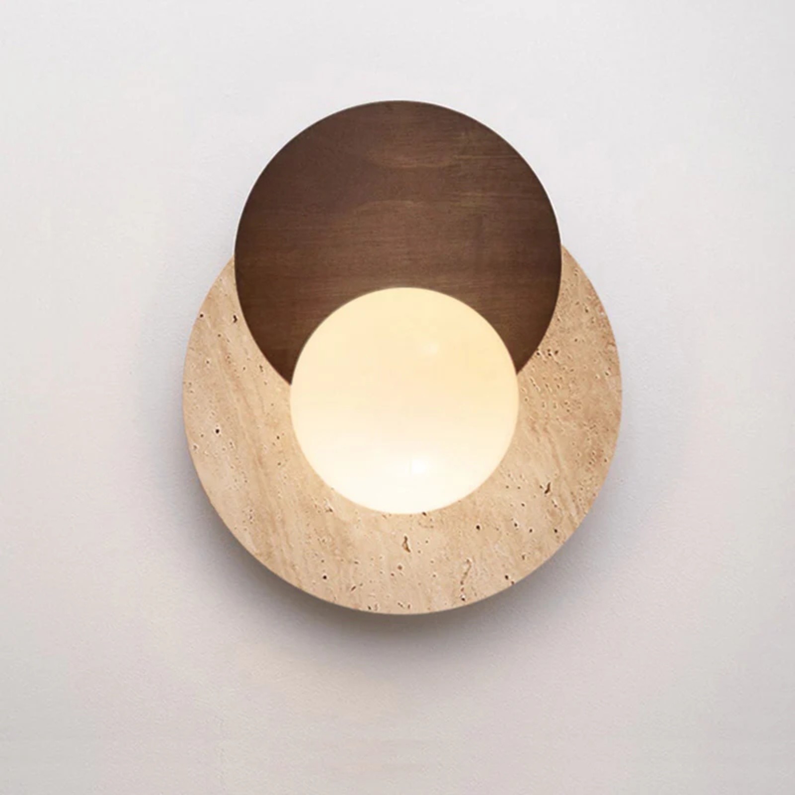 Contemporary Disc Travertine And Wood Dual Tone Wall Sconce S322