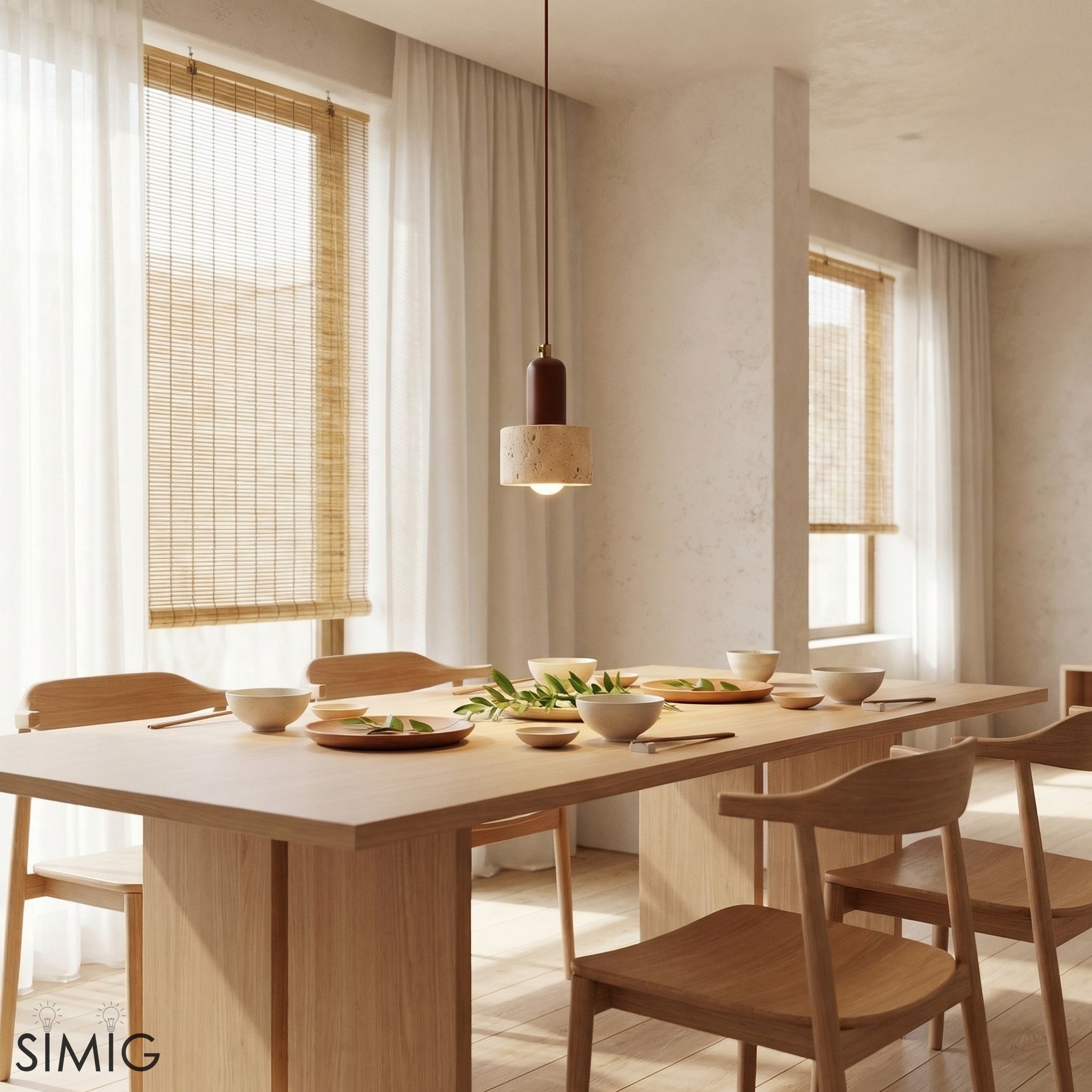 Rotating Travertine and Wood Pendant Light - Japandi Dining Room Glow T1100