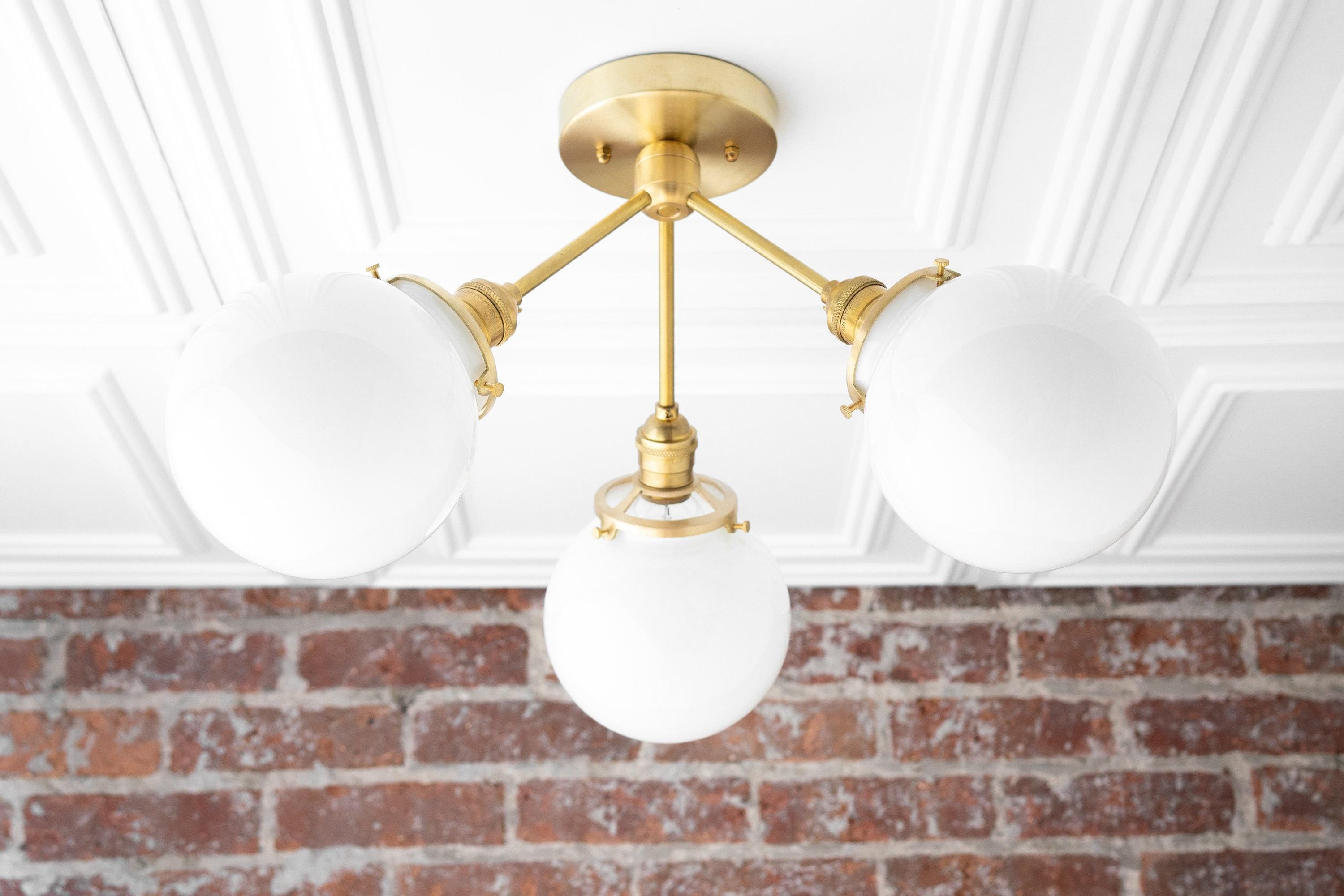 Glorica Glass Chandelier - Brass Globe Ceiling Light with Opal Shade T330