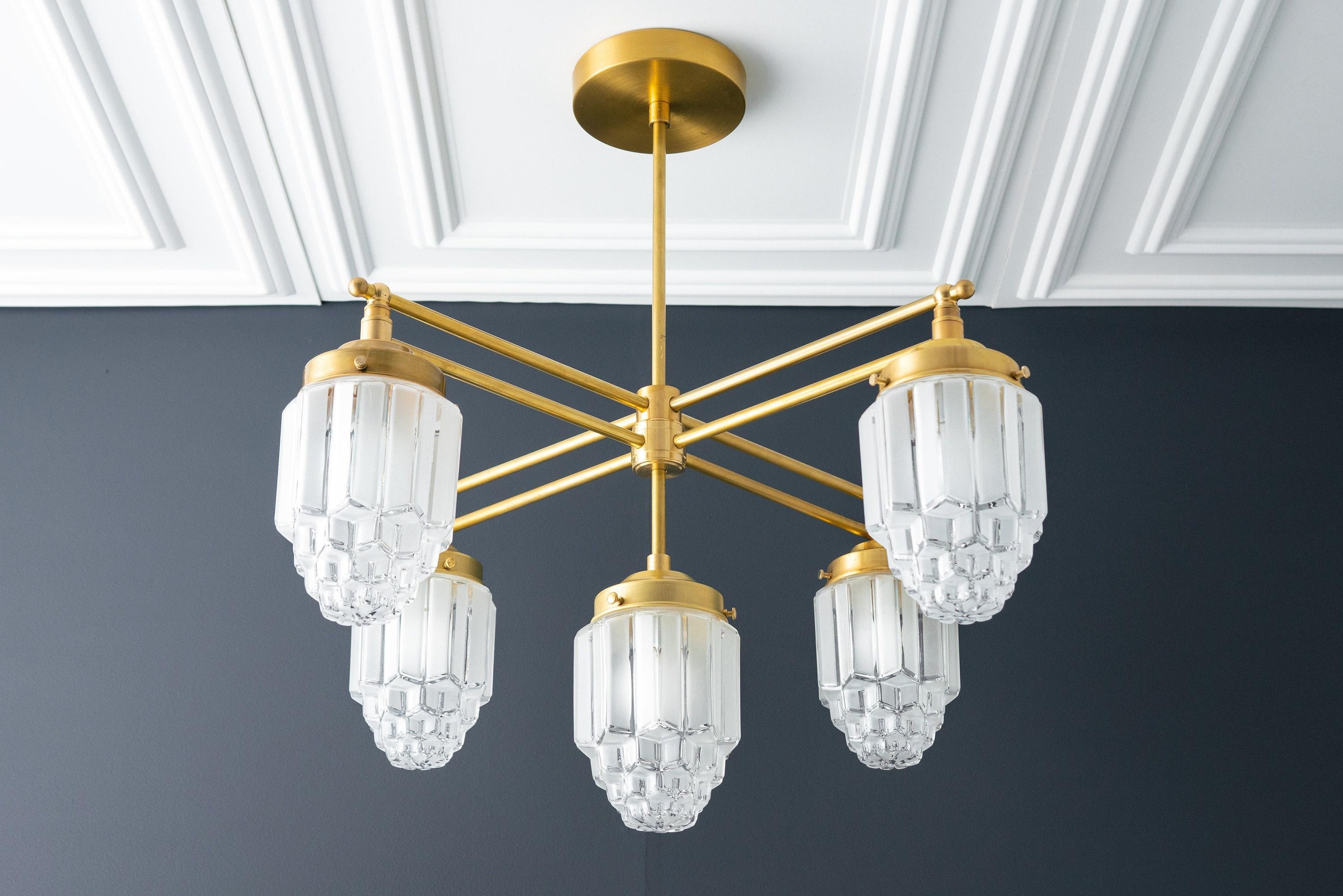 Tierlux Glass Chandelier – Vintage Brass Globe Lighting Fixture T357