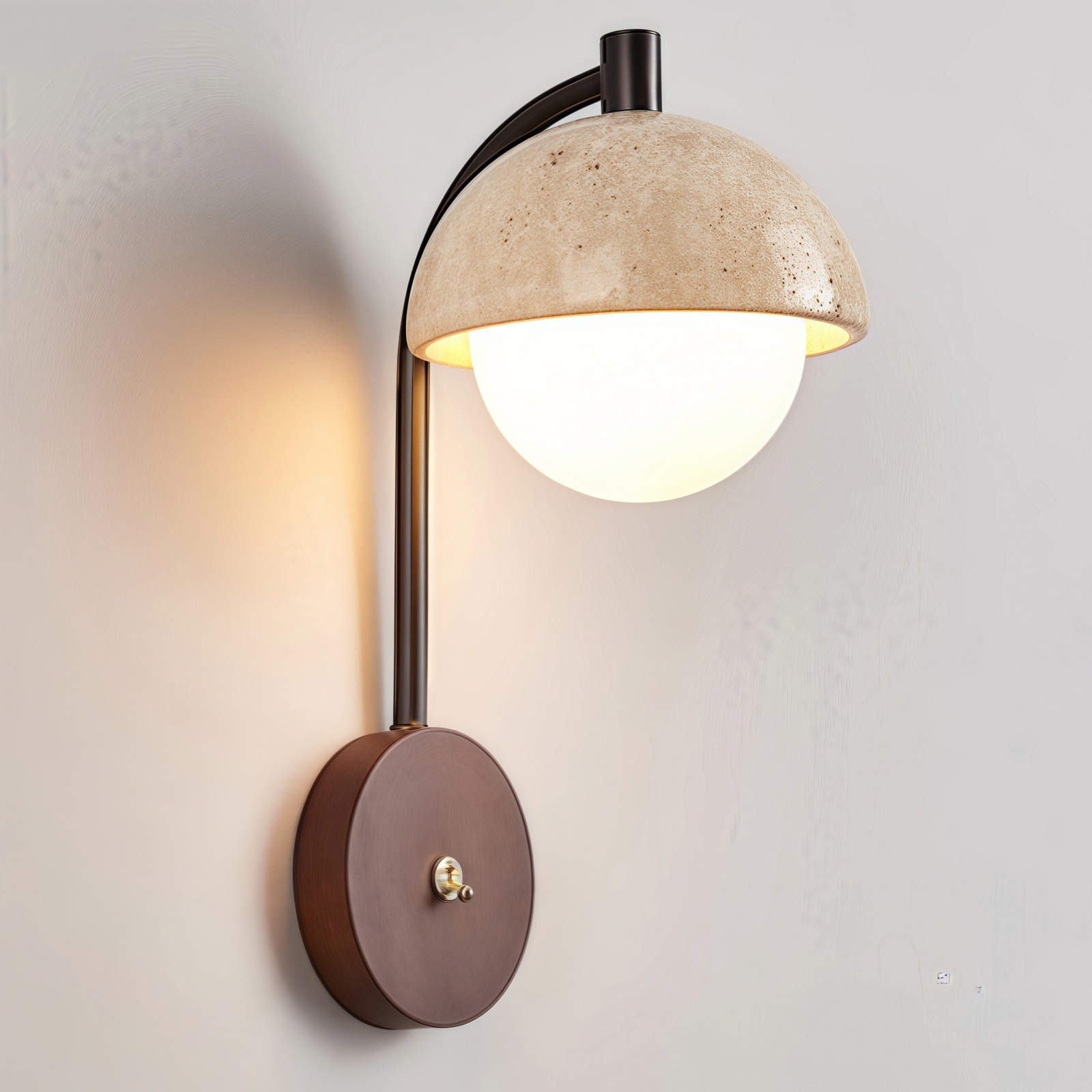 Rustic Travertine Wall Lamp With Curved Metal Arm And Wood Mount S313