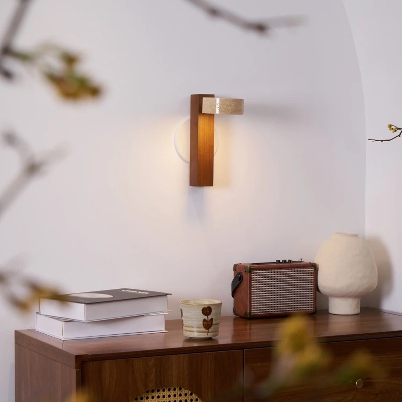 Vintage Rotatable Wall Lamp - Travertine Base & Wooden Stand S312