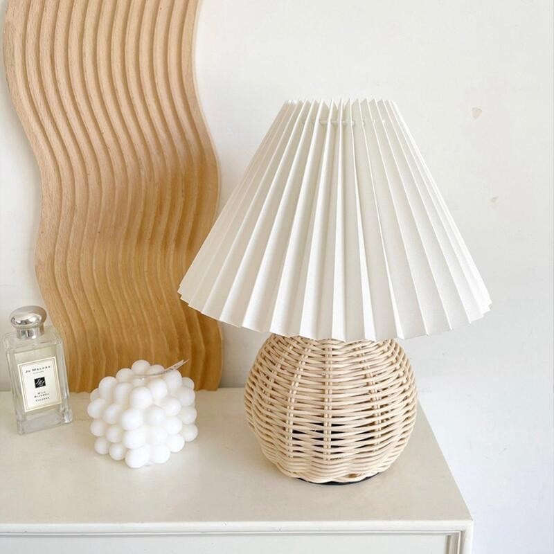 Rattan Pleated Table Lamp Cordless Bedside Lamp