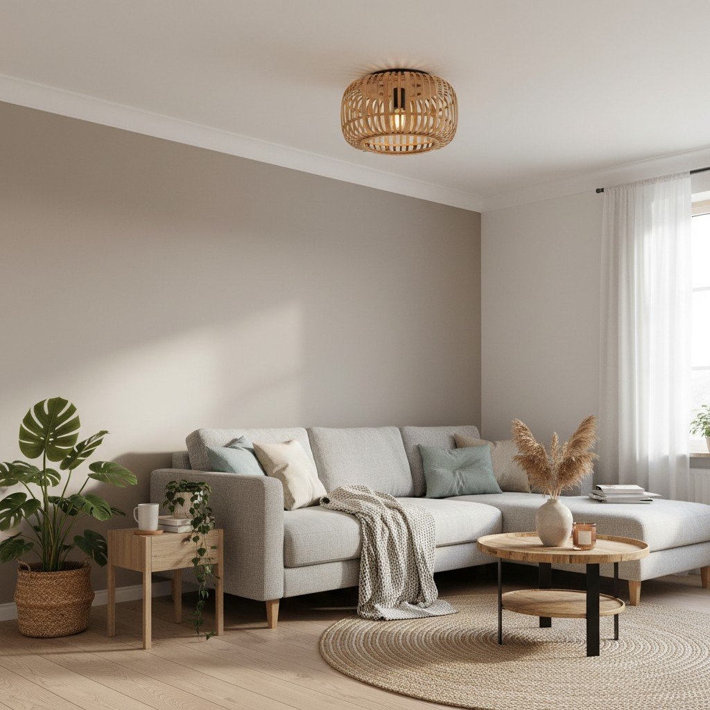 Yumeko Natural Bamboo Flush Ceiling Light - Organic Cage Design Sustainable for Living Room T978
