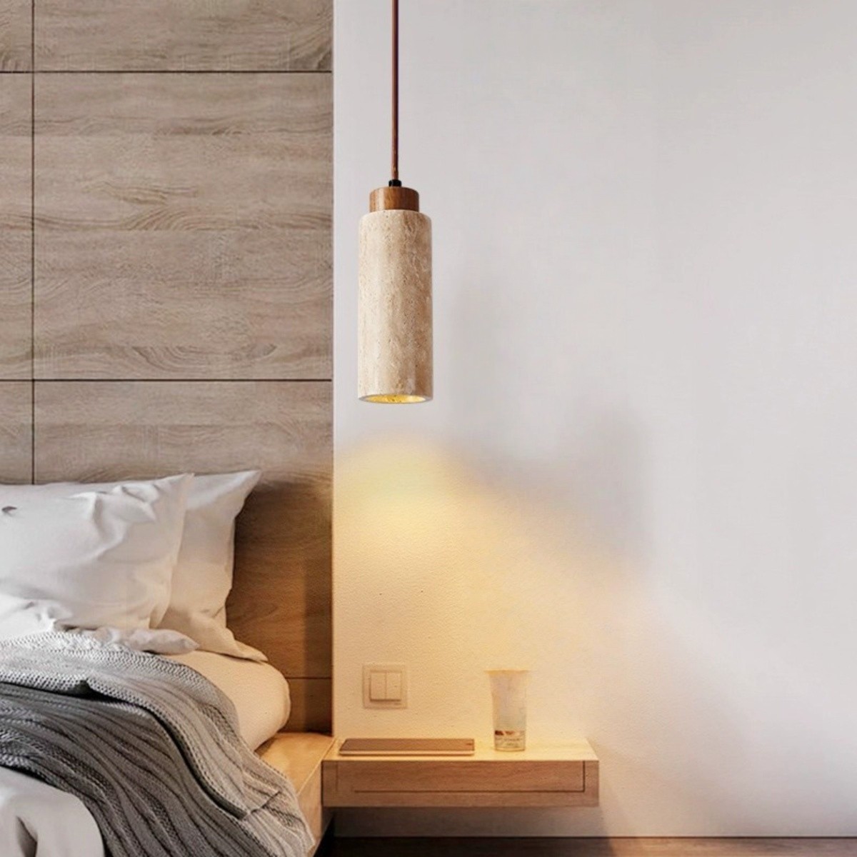 Minimalist Beige Travertine Cylinder Pendant Light S268