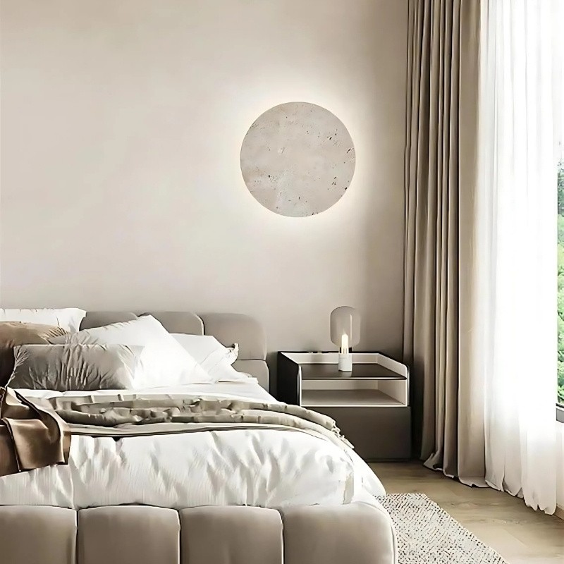 Wabi Sabi Travertine Round Wall Light - Minimalist Stone Disc Sconce S310