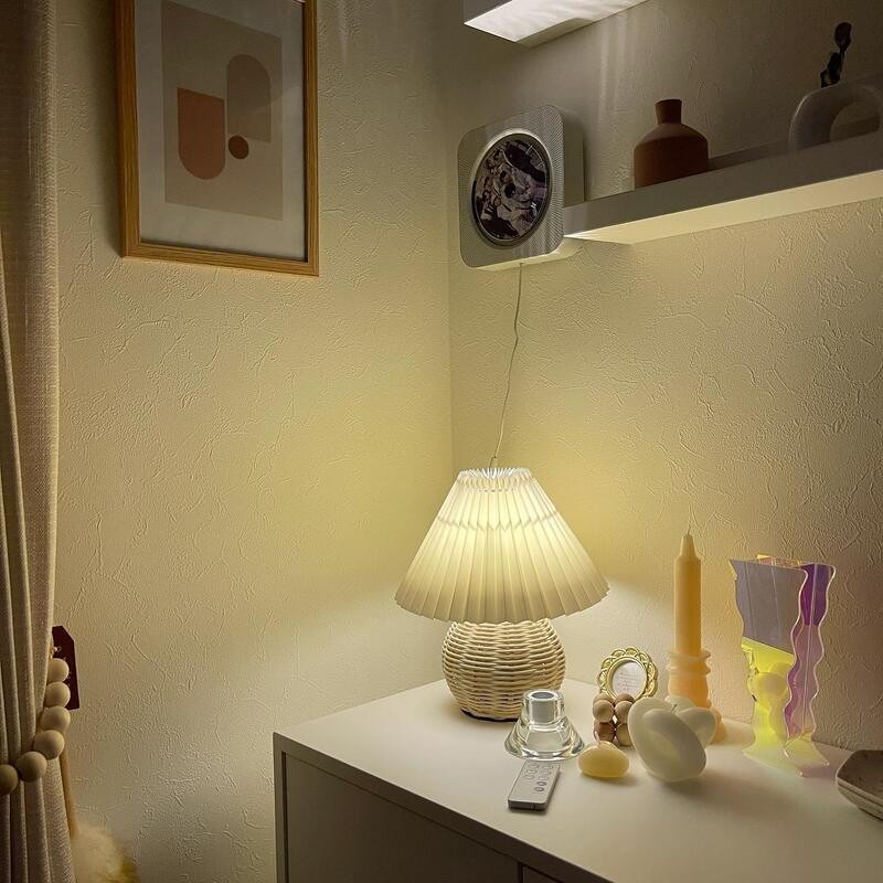 Rattan Pleated Table Lamp Cordless Bedside Lamp
