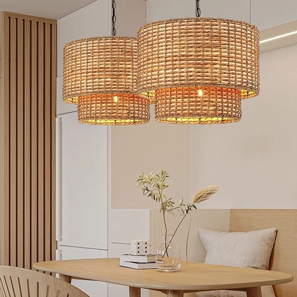 Natural Rattan Double Drum Pendant Light With Black Canopy G02