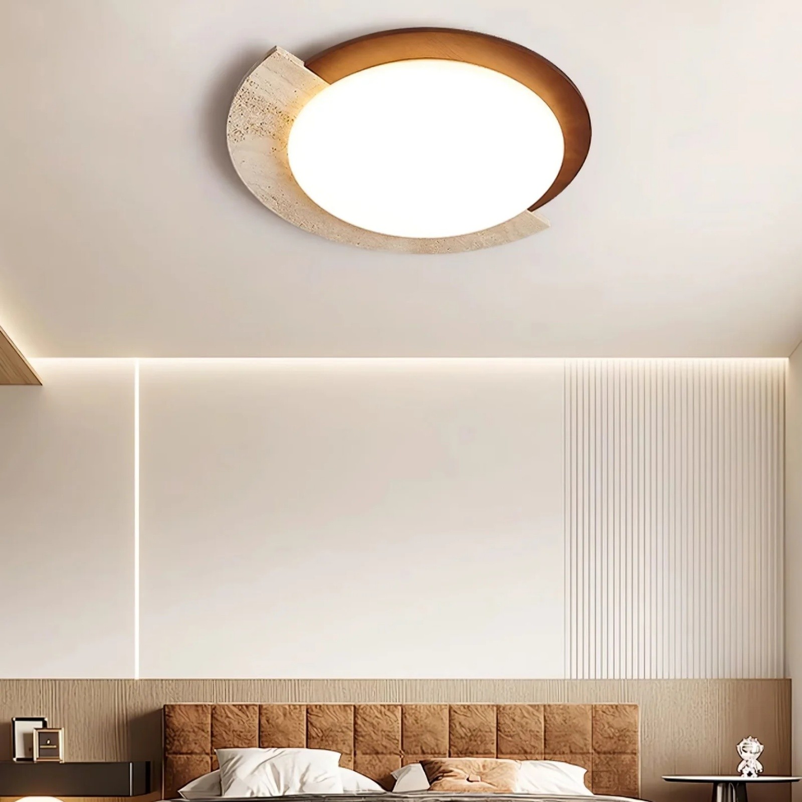 Half Moon Splicing Design Travertine & Wood Ceiling Lamp S292