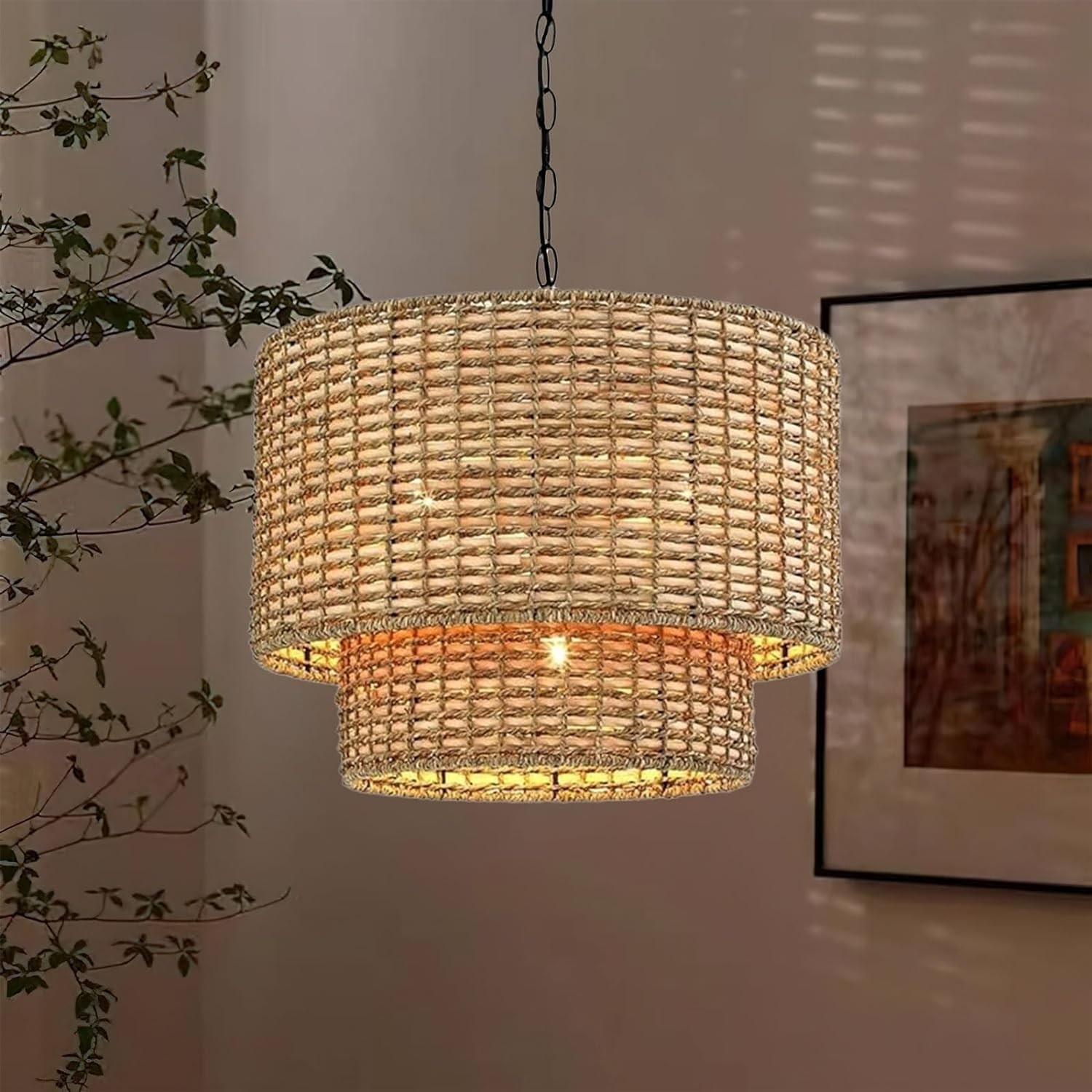 Natural Rattan Double Drum Pendant Light With Black Canopy G02