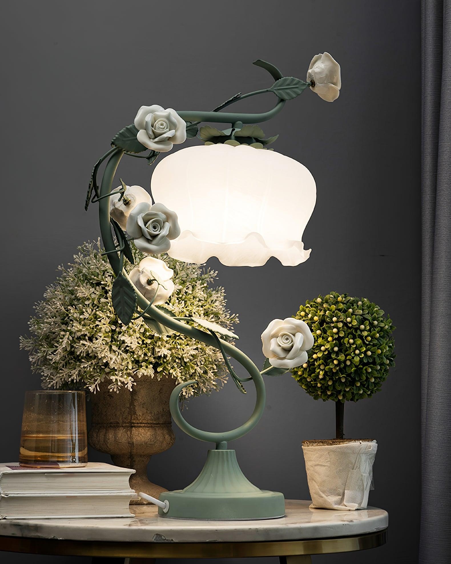 Green Pink White Rose Flower Table Lamp M107
