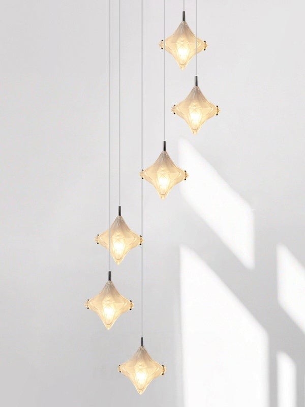Art Deco Star Staircase Pendant Light - Frosted Glass Hanging Fixture - Astris Altair T437