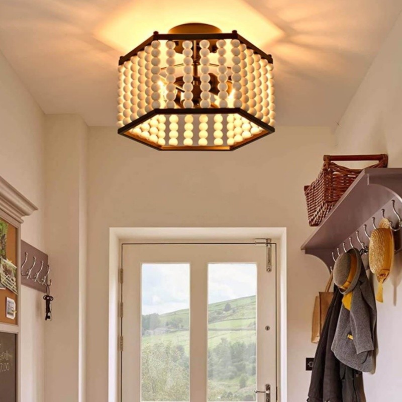 Rustic Hexagonal Wood Bead Ceiling Light S140