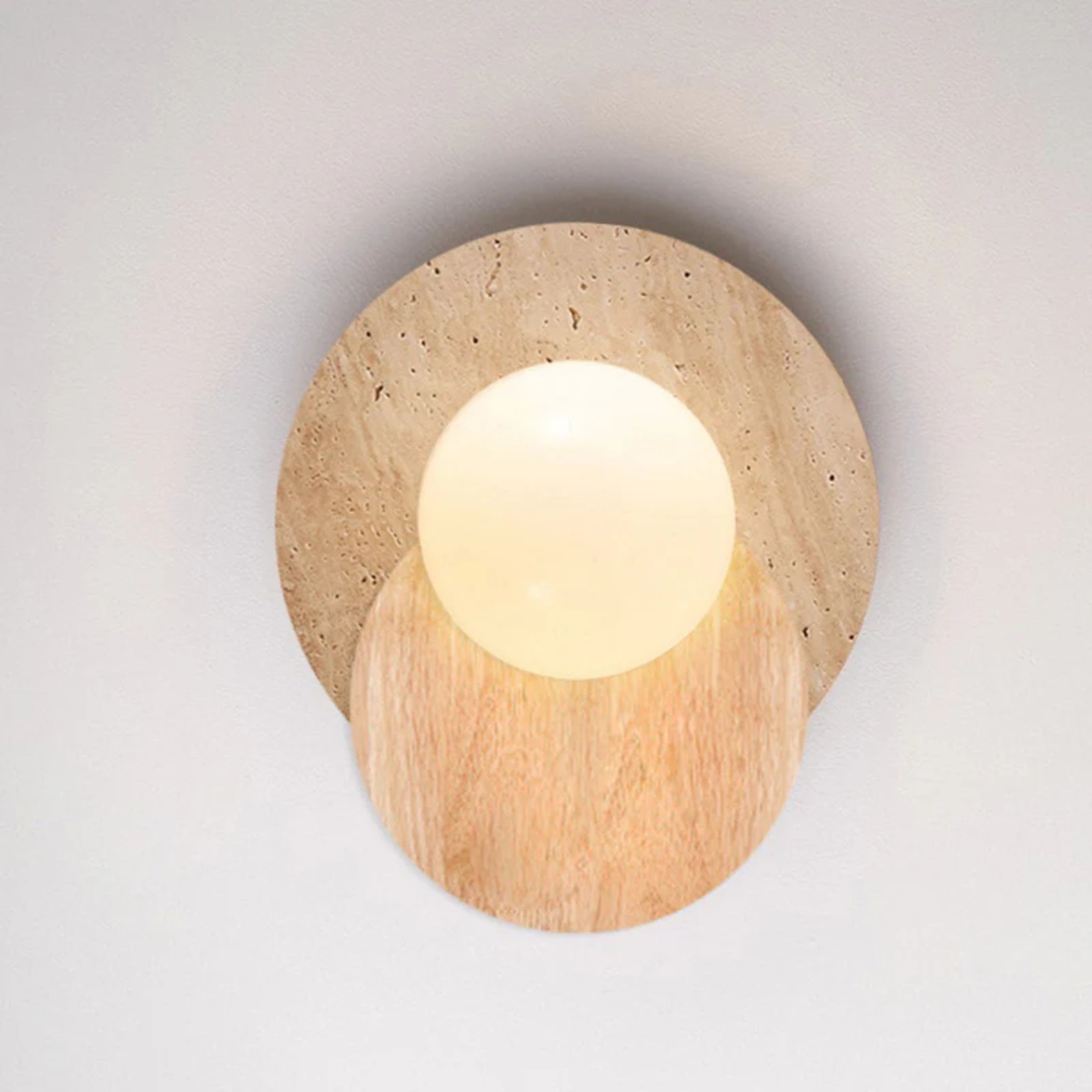 Contemporary Disc Travertine And Wood Dual Tone Wall Sconce S322