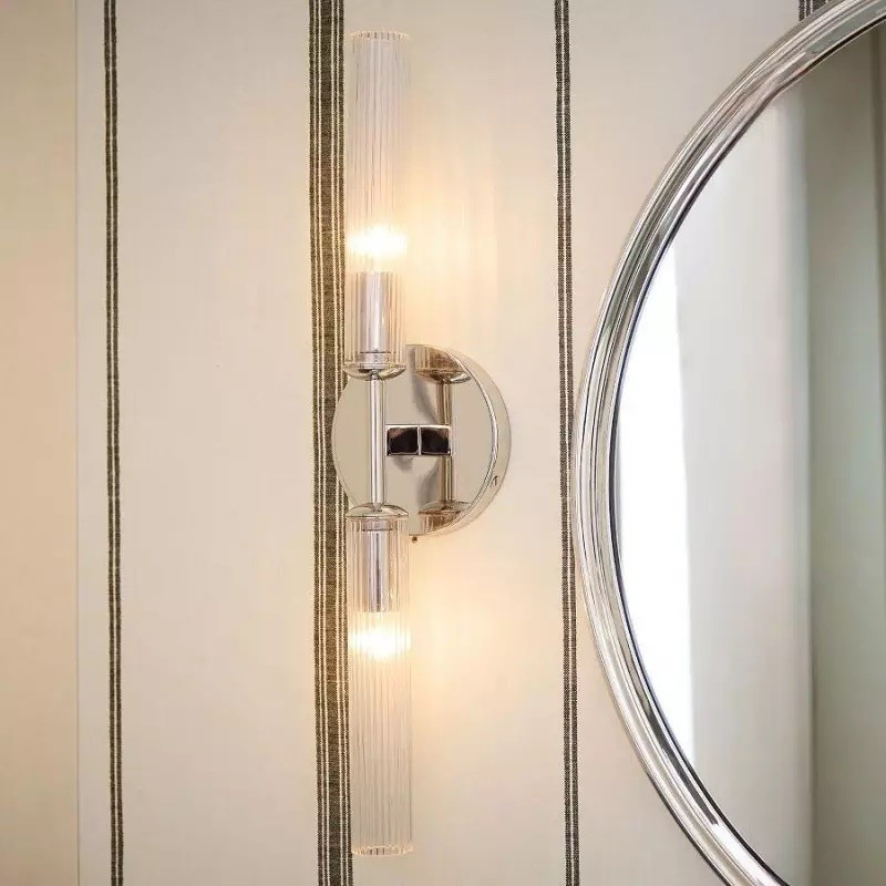 Alice Rustic Transparent Cooper Ribbed Glass Double Tube Sconce T011