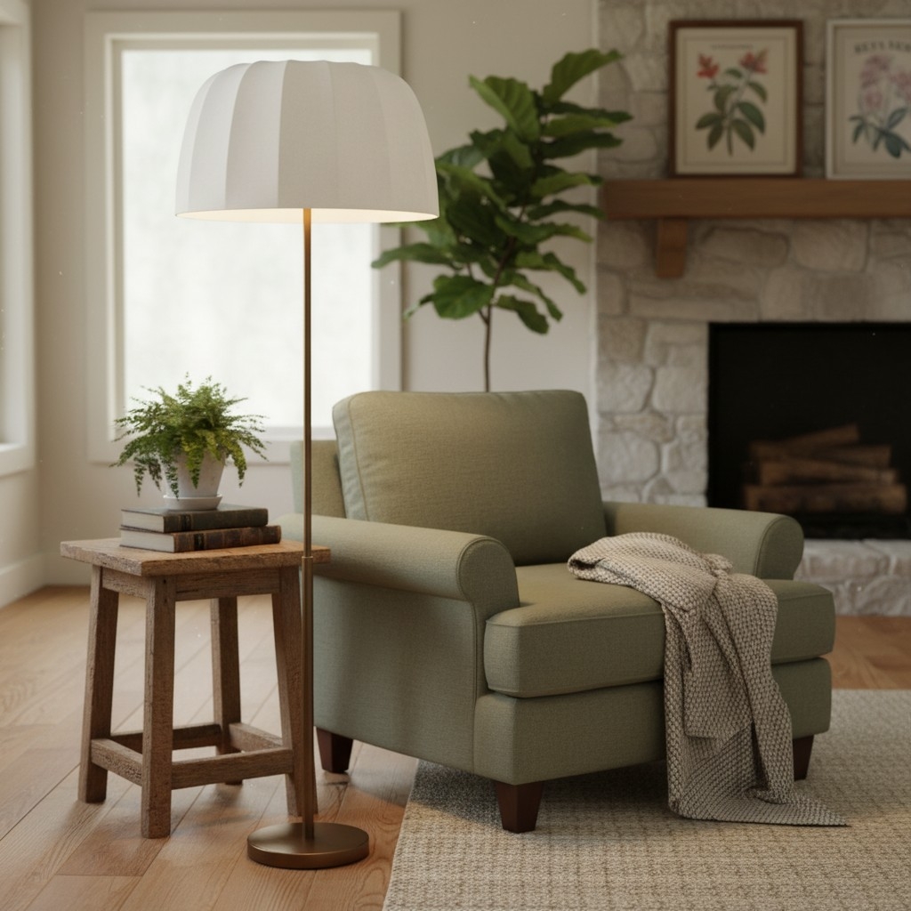 Vellaro Brass Floor Lamp with Fabric Shade - Modern Standing Light for Living Room or Bedroom T697