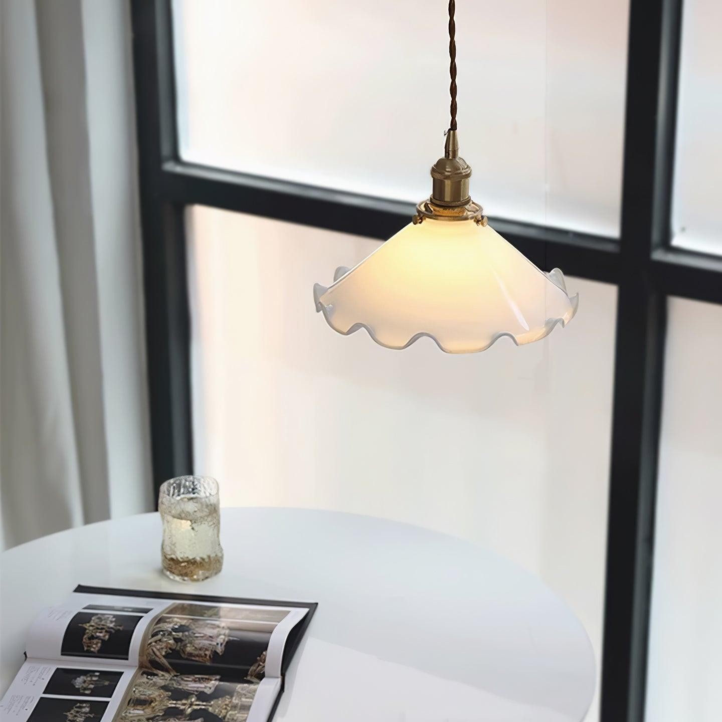 Vintage White Glass Skirted Pendant Lamp M366