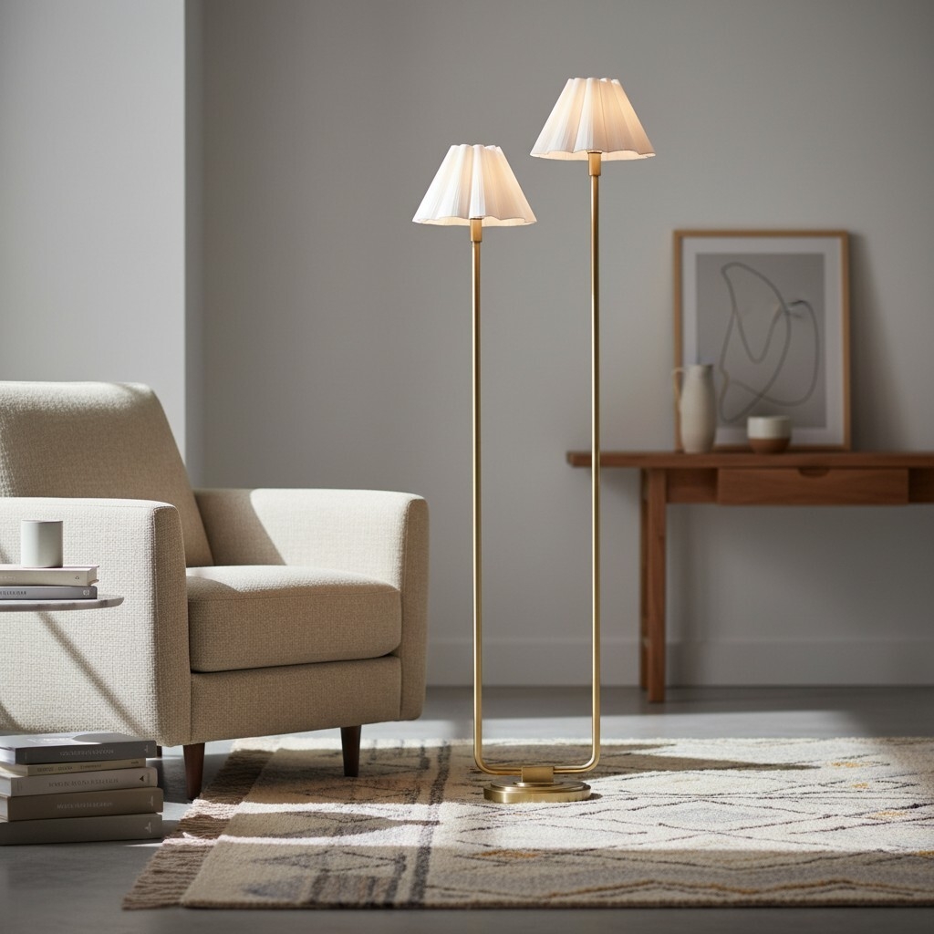 Duova Minimalist 2‑Light Floor Lamp - Modern Pleated Fabric Metal Light for Bedroom or Living Room T719
