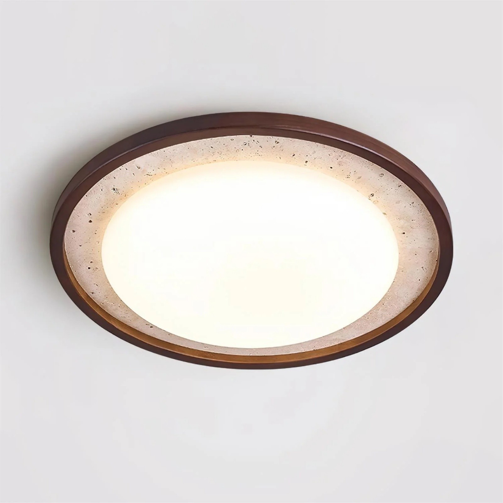 Modern Travertine Disk Flush Ceiling Light With Wood Trim S303