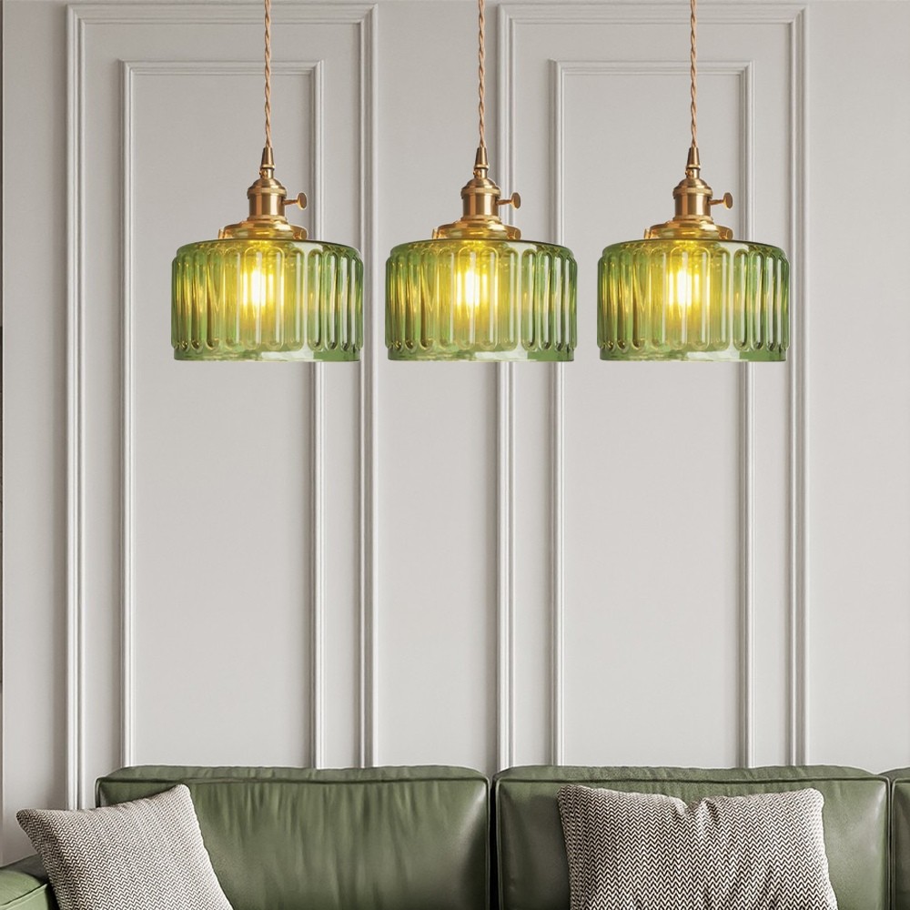 Vintage Cylinder Ribbed Glass Pendant Light S136