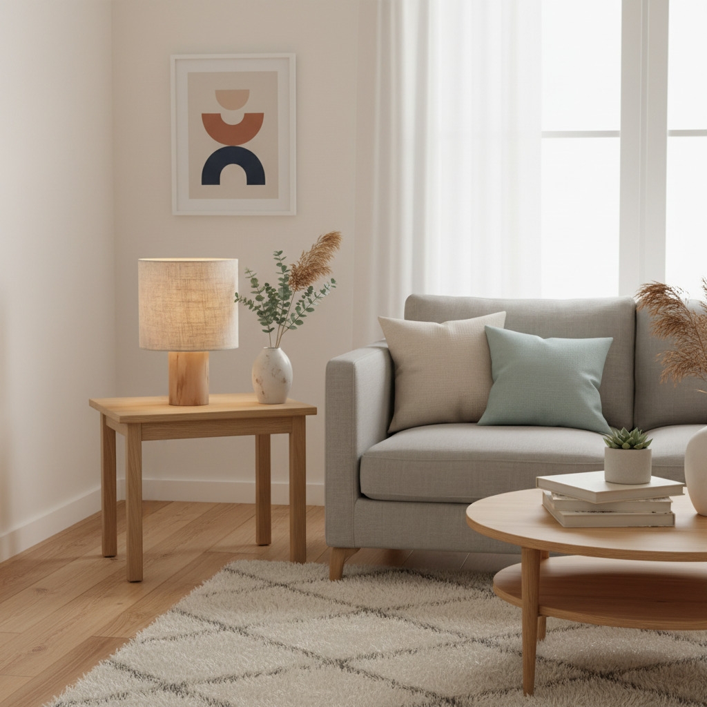 Linemora Simple Wooden Base Table Lamp - Natural Linen Cylindrical Shade T985