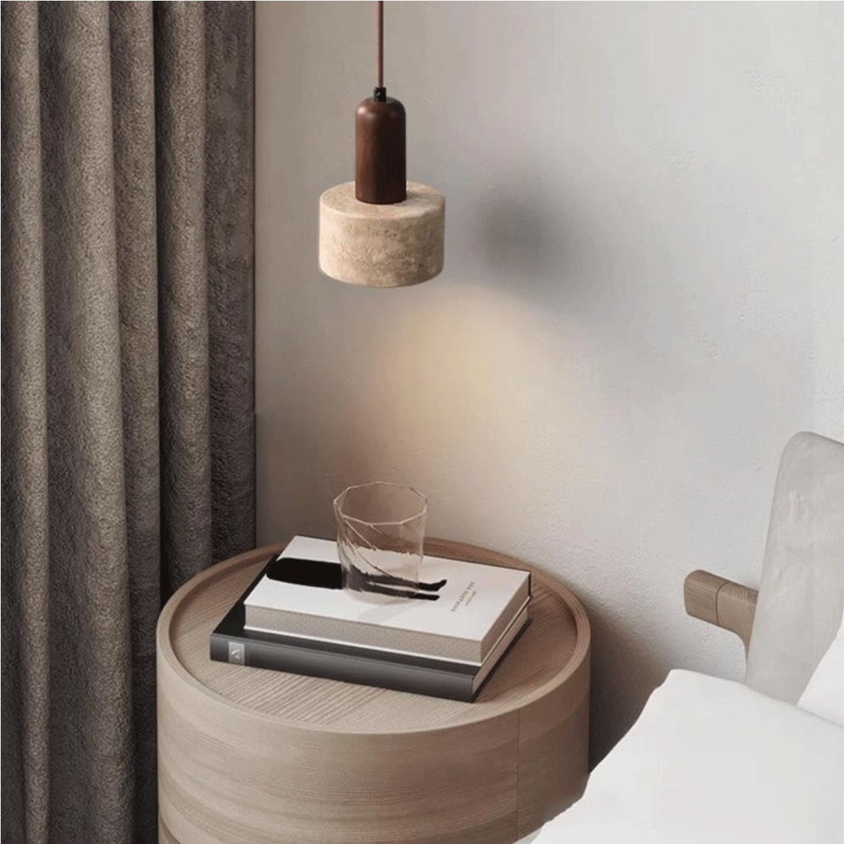 Minimalist Travertine Pendant Light With Wooden Top S264