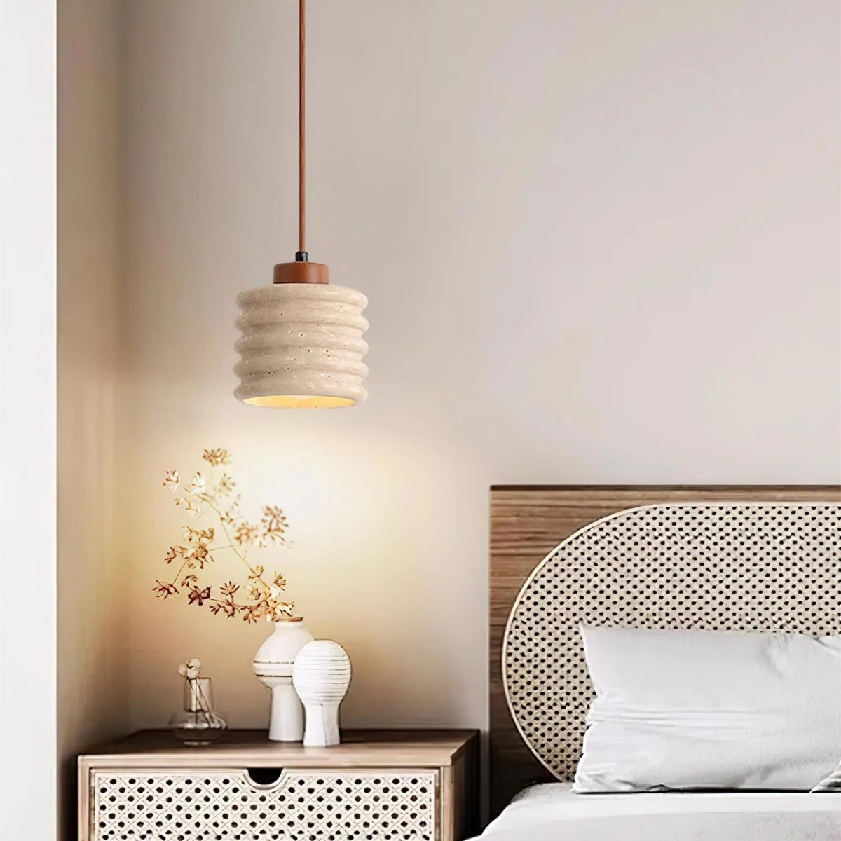 Textured Travertine Hanging Light - Minimalist Bedroom Pendant S265