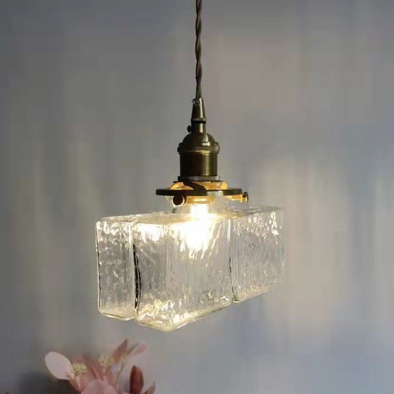 Traditional Vintage Square Rectangle Ripple Glass Iron 1-Light Pendant Light For Living Room T262