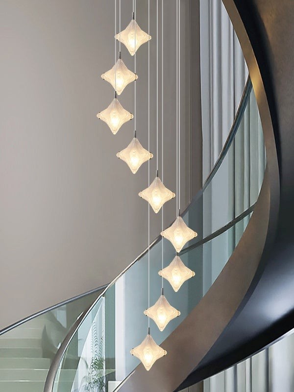 Art Deco Star Staircase Pendant Light - Frosted Glass Hanging Fixture - Astris Altair T437