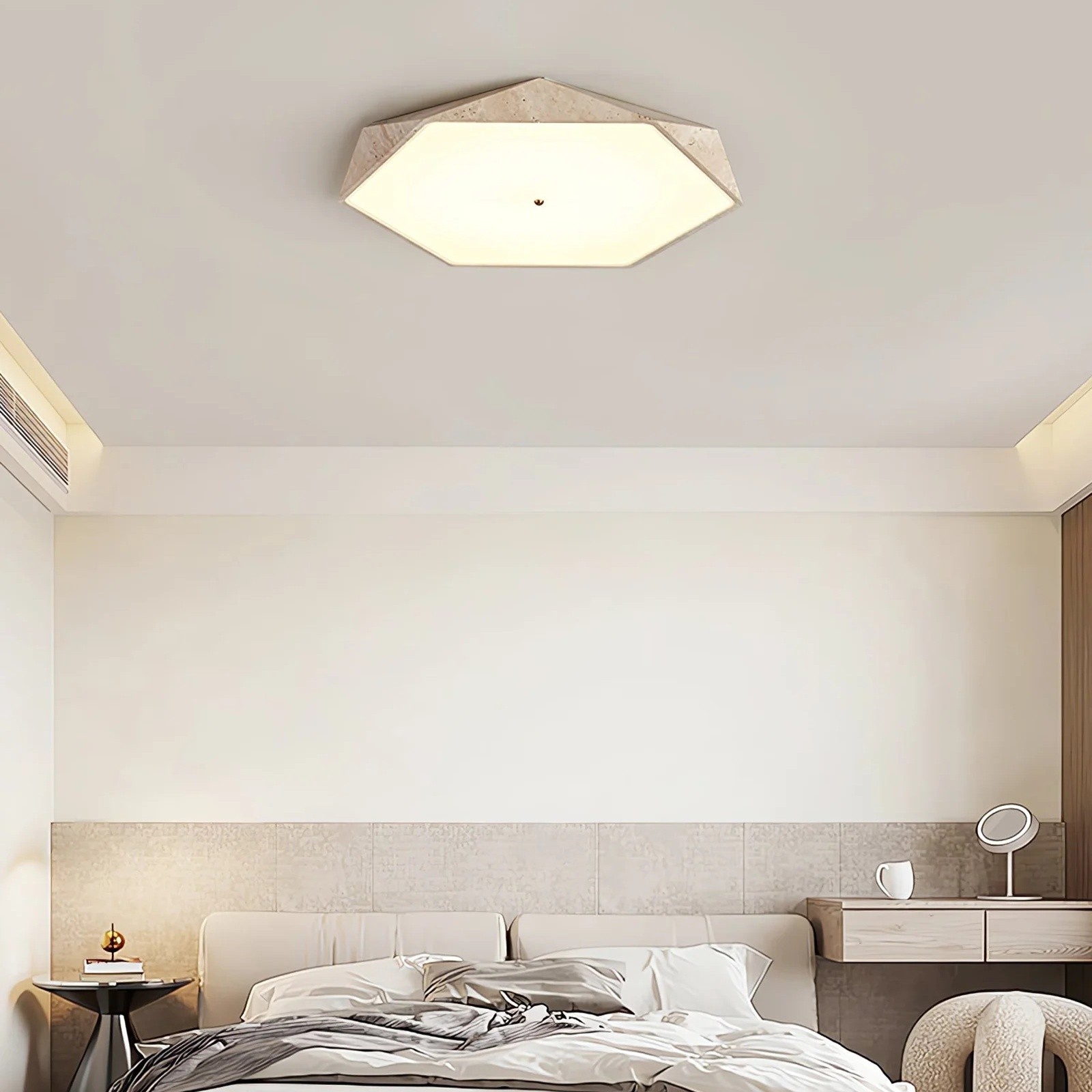 Contemporary Hexagon Ceiling Light In Travertine And Glass S295