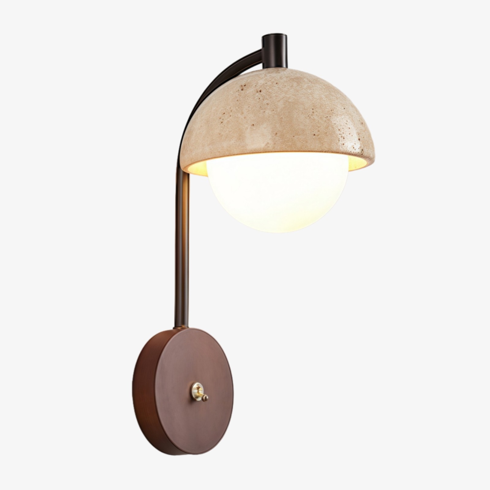 Rustic Travertine Wall Lamp With Curved Metal Arm And Wood Mount S313