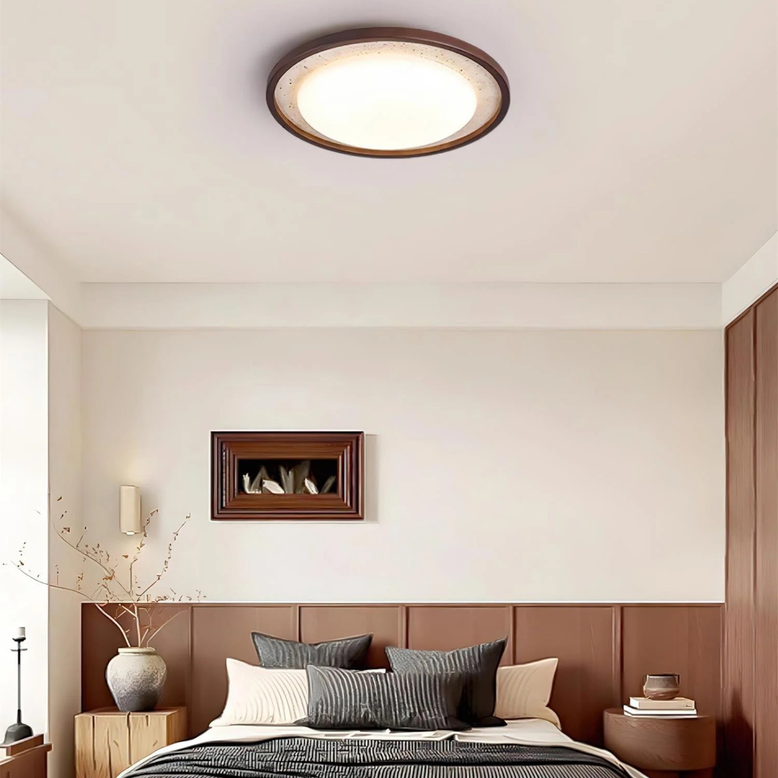 Modern Travertine Disk Flush Ceiling Light With Wood Trim S303