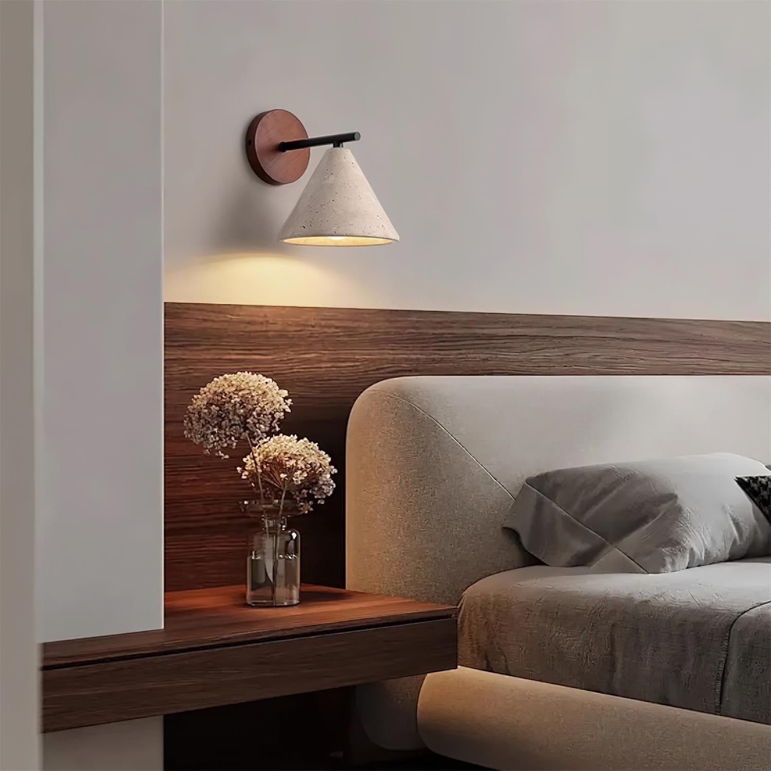 Textured Travertine Cone Wall Light - Minimalist Bedroom Sconce M56