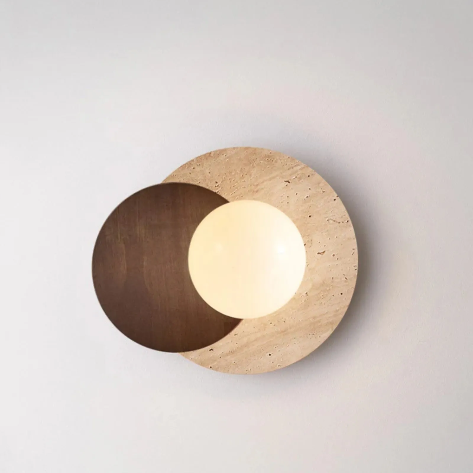 Contemporary Disc Travertine And Wood Dual Tone Wall Sconce S322