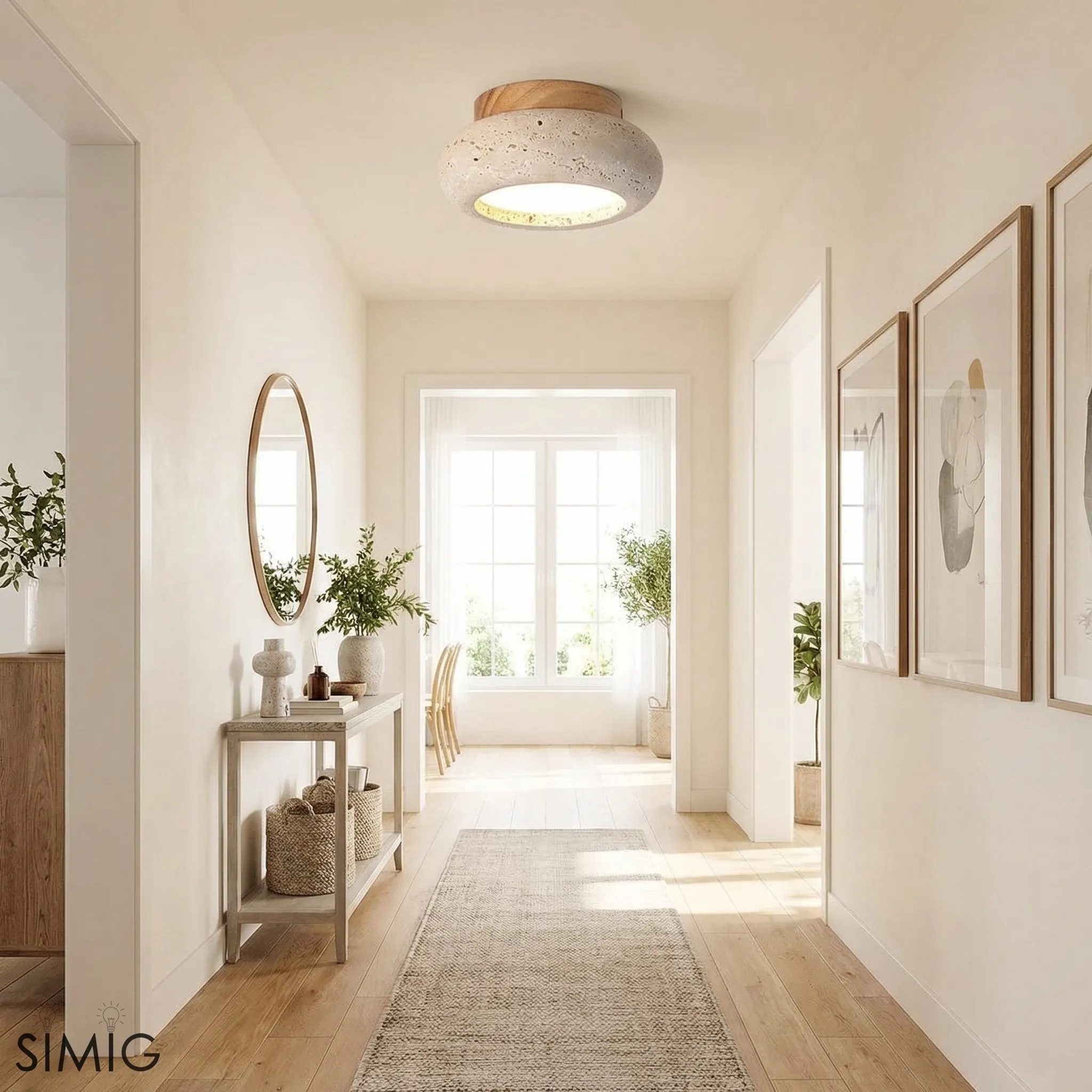 Minimal Bowl Ceiling Fixture in Stone Look - Wood Tone Base Light S299