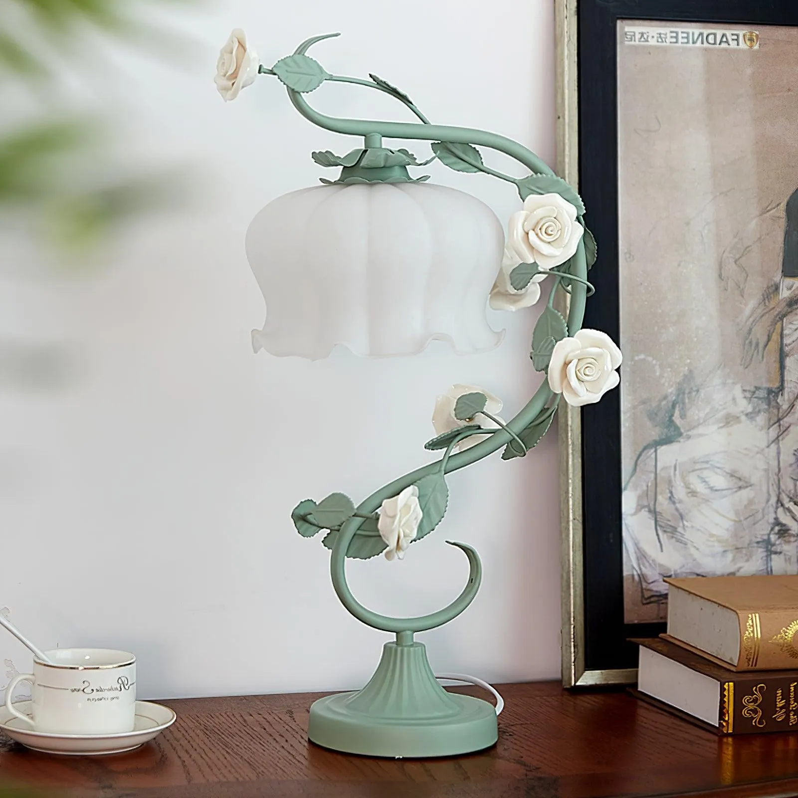 Green Pink White Rose Flower Table Lamp M107