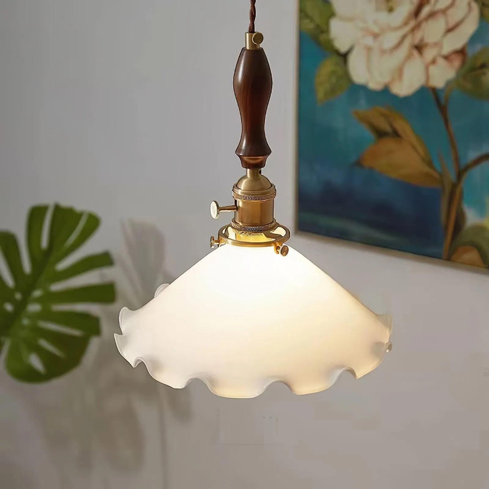 Vintage White Glass Skirted Pendant Lamp M366